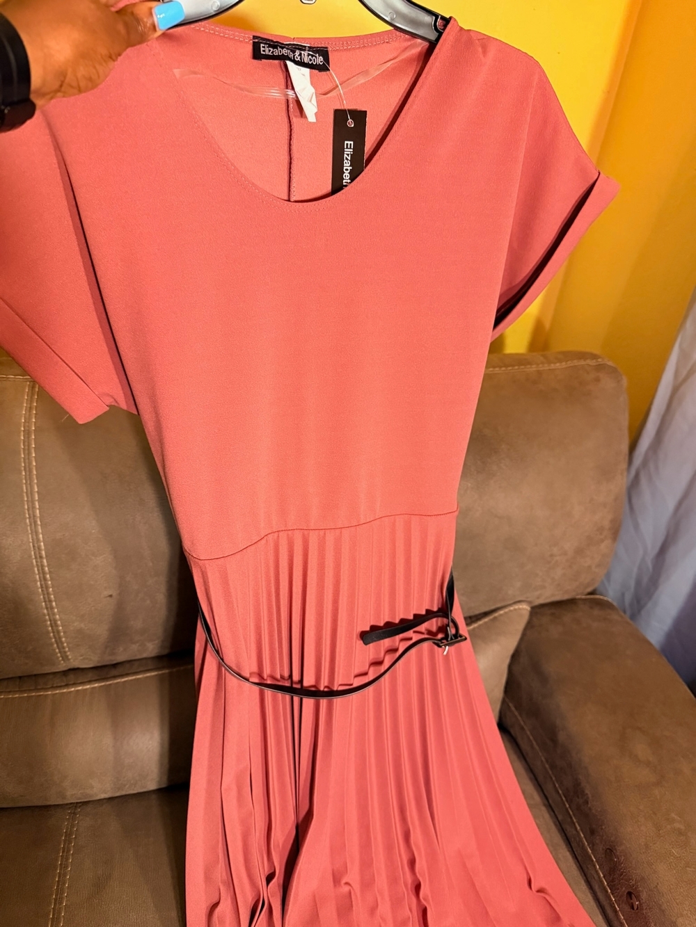 Coral Midi Dress with Pleated Skirt